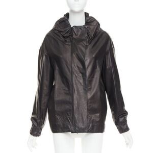 MARNI black lamb leather gathered collar zip up oversized jacket IT42 M